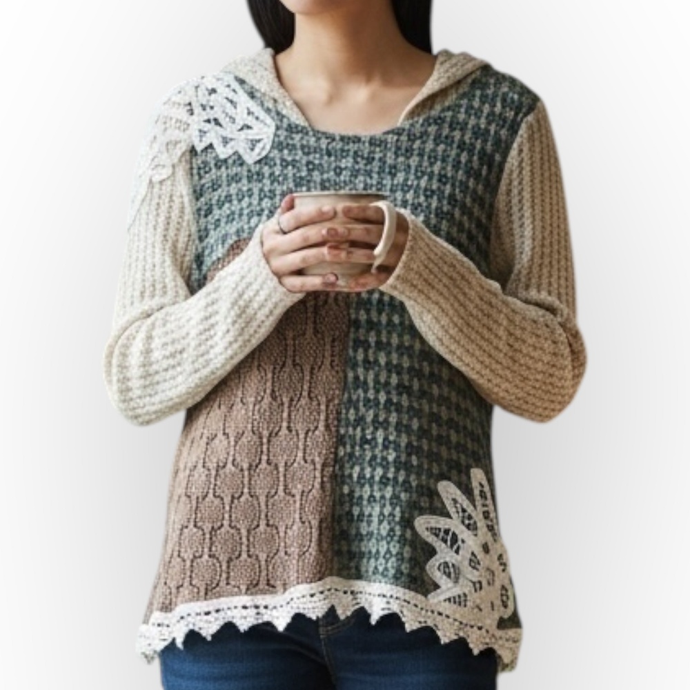 gimmicks by BKE Patchwork Hooded Sweater in Cream, Brown, Green